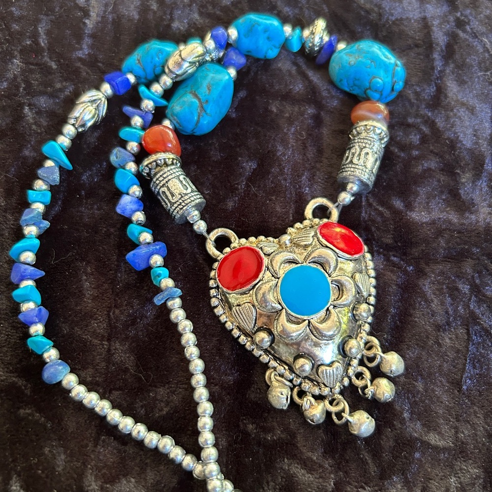 Bohemian Ethnic Statement Necklace Artisan Handmade Lapis Lazuli Turquoise Heart
